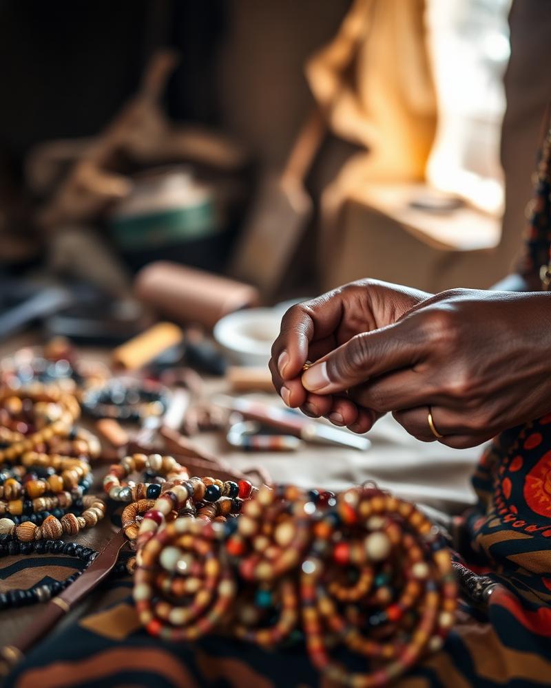 Artisan hands crafting beaded jewelry